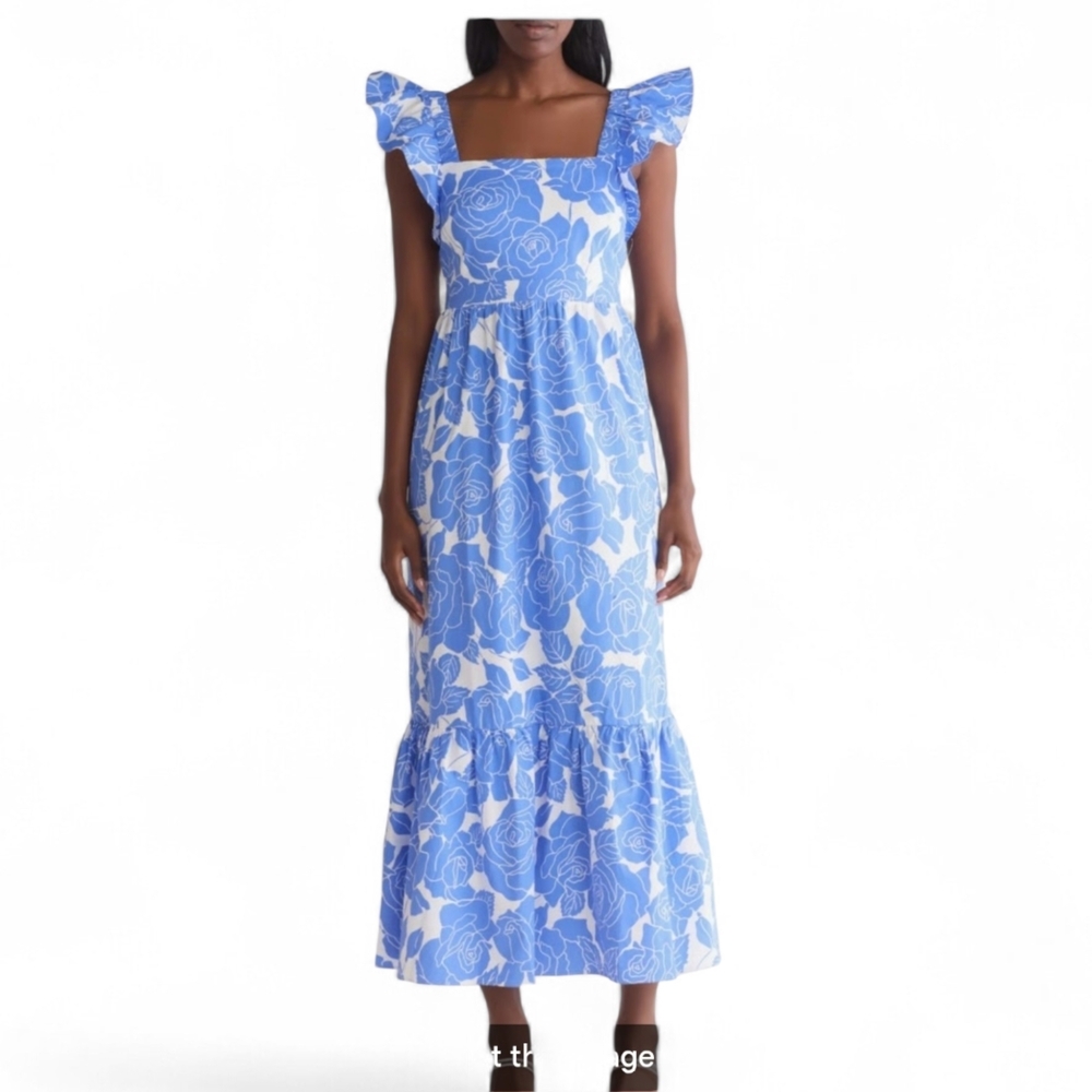 London Times 22W Maxi Dress Blue White Ruffle Trim Floral Pattern Ruffle Trim